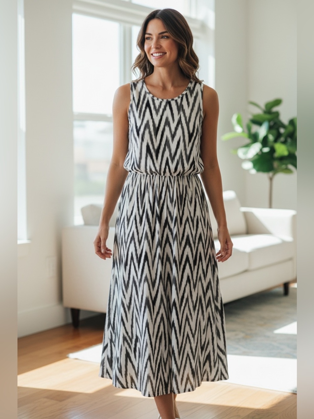 Banana Republic Factory Womens Size Medium White Grey Chevron Slinky Midi Dress